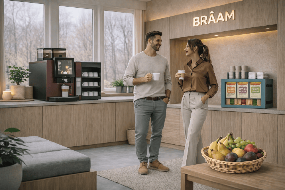 Espace cafétéria d’entreprise chaleureux et moderne avec mobilier en bois clair, logo lumineux BRÂAM au mur, machine à café professionnelle à grains, distributeur de snacks, corbeille de fruits frais au premier plan et deux collaborateurs en tenue business casual échangeant autour d’un café près d’une grande baie vitrée.